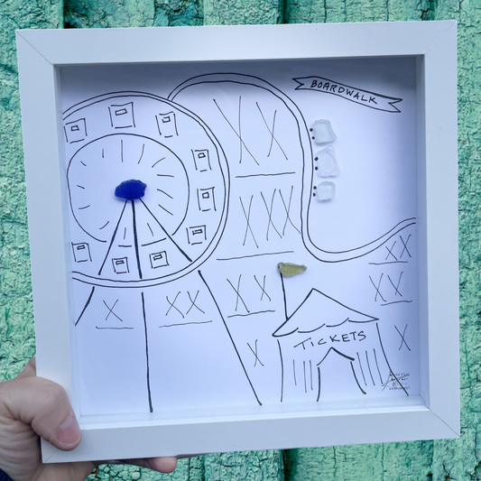 Hand-drawn map of a boardwalk scene in a white frame boardwalk sea glass art