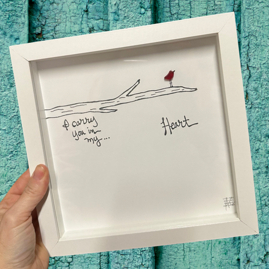 Framed artwork with a drawing of a tree branch and red bird i carry you in my heart  gifts for missing you, memorial, family, long distance, love sea glass art