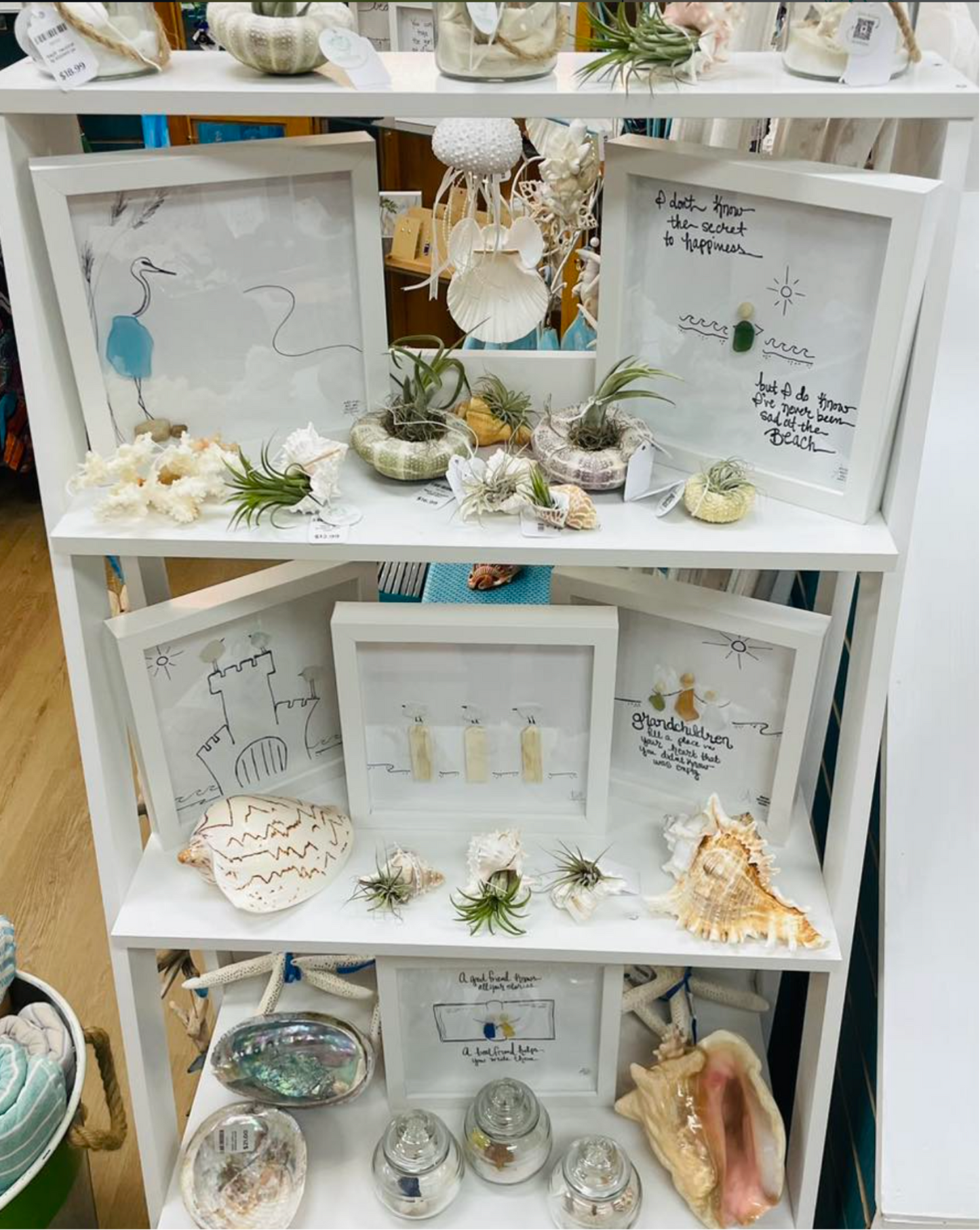 Assorted 8in sea glass art with airplants, 3 birds on piling, grandchildren, friend write adventures, secret to happiness, heron, sandcastle