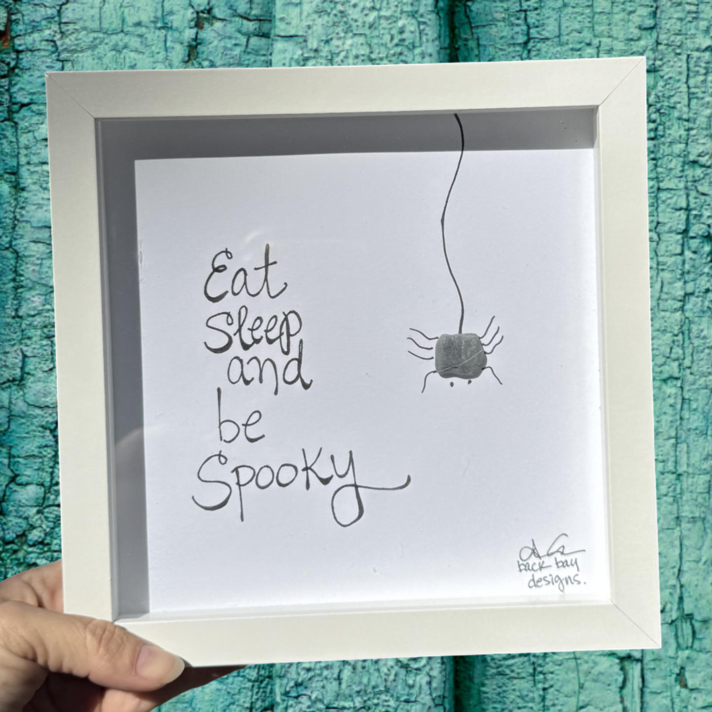 Eat sleep and be spooky spider sea glass art 8inch