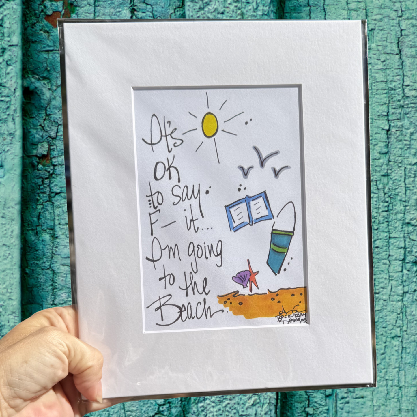 F- t i'm going to the beach 8x10 matted print sandy beach shells, bucket, book, birds, sun
