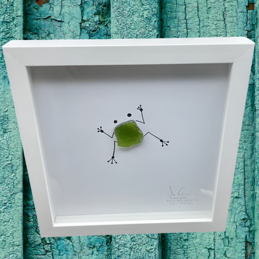 Framed artwork with a green sea glass frog original unique back bay design
