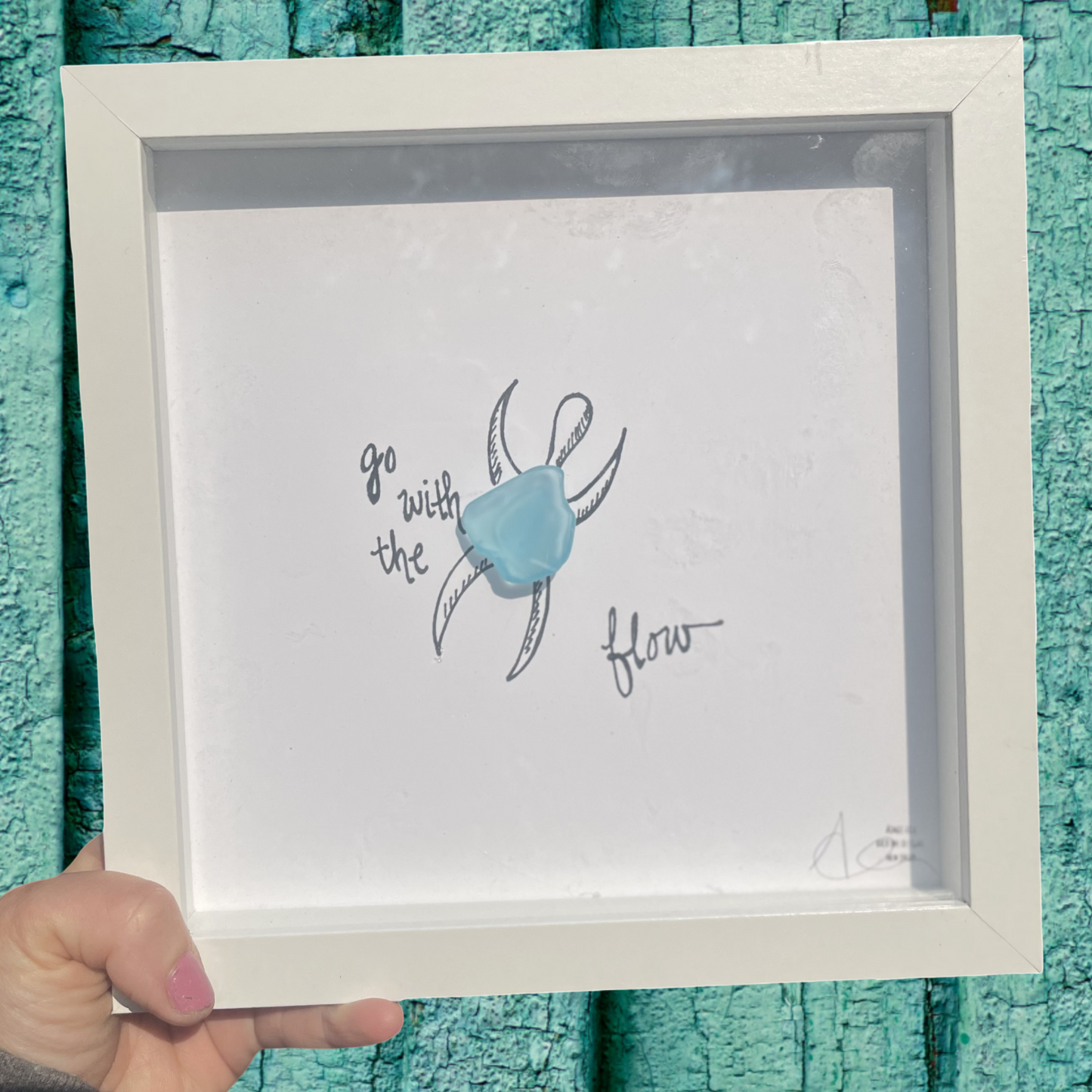 Framed artwork go with the flow turtle sea glass art