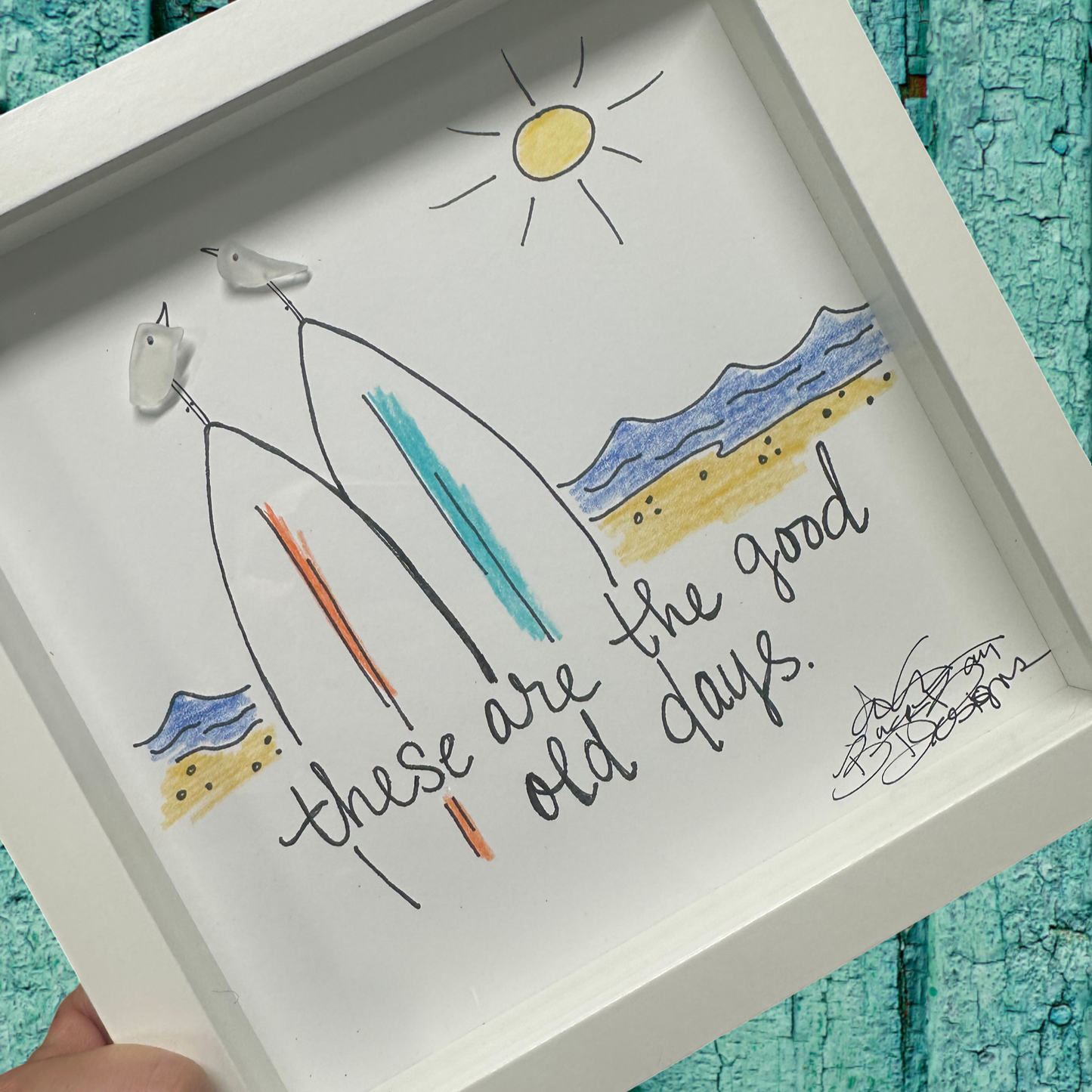Framed artwork with a colorful illustration and text these ar the good old days ea glass art by back bay designs