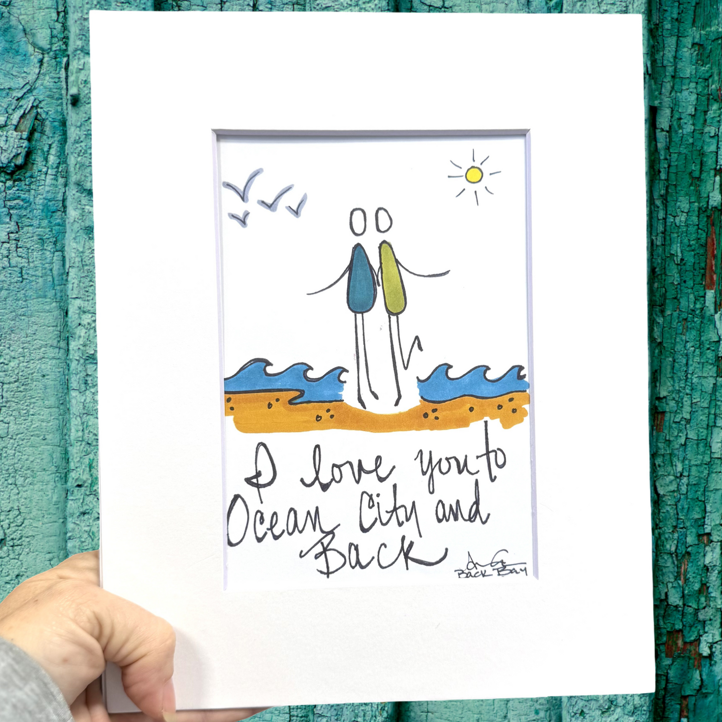 Hand-drawn illustration of two people on a beach with text 'I love you to Ocean City and back' held against a textured teal background.
