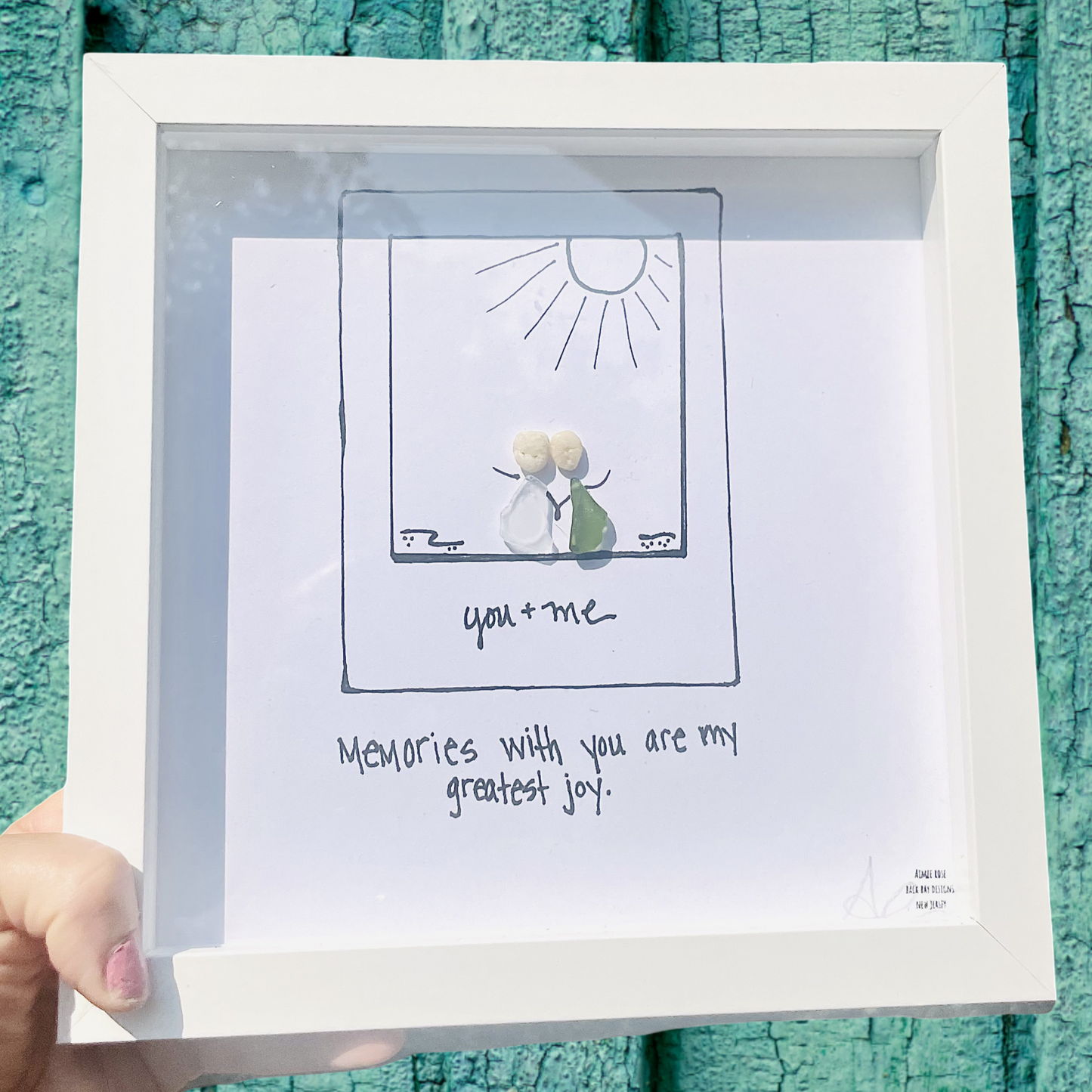 Framed artwork with a couple illustration and text Memories with you are my greatest joy Polaroid_Original_8_inch_Seaglass