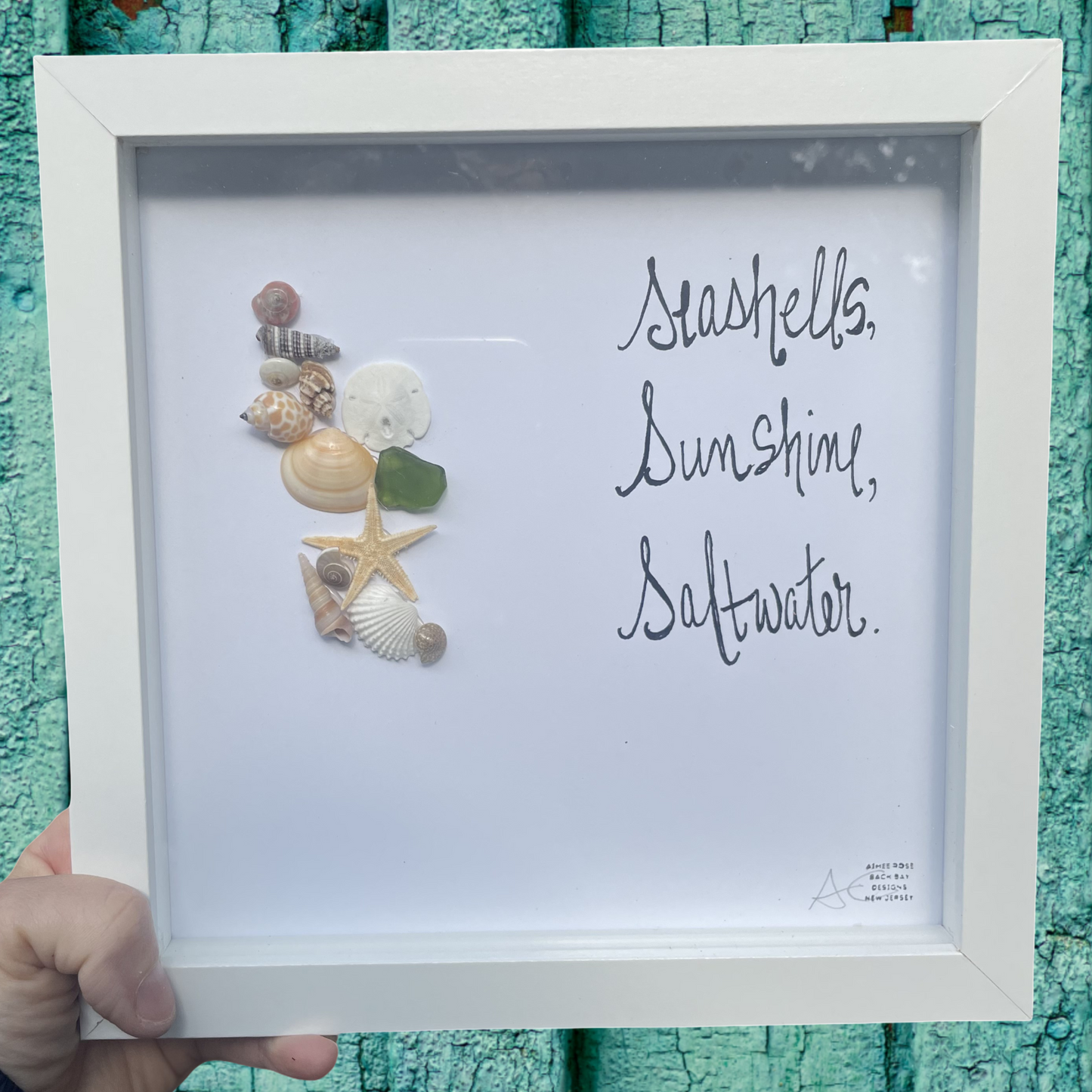 Framed artwork with seashells and text Seashells Sunshine Saltwater _original_8_inch_seaglass