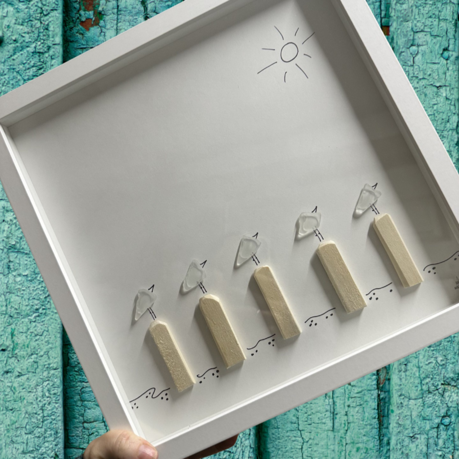 five birds on pilings sea glass art