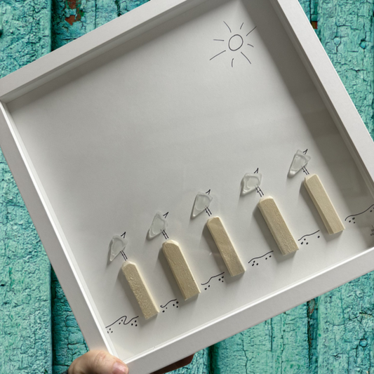 five birds on pilings sea glass art