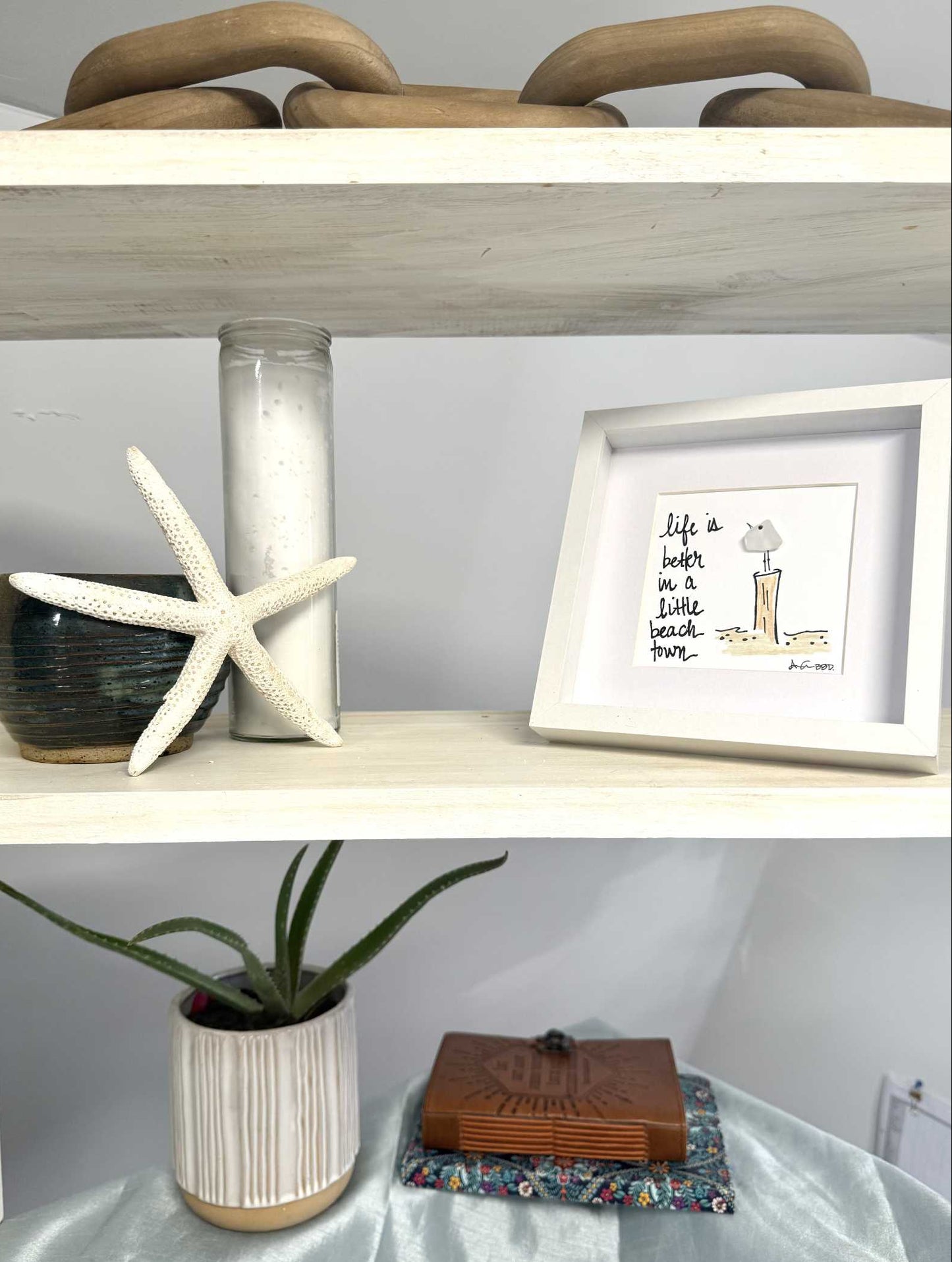 life is better in a little beach town MINI sea glass art 6in on shelf