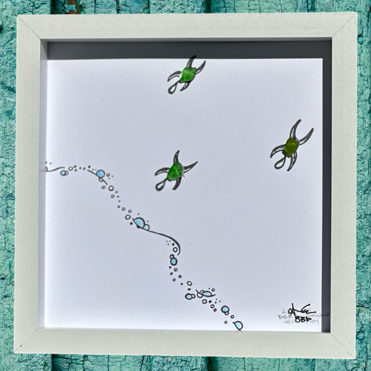 three sea turtles sea glass art