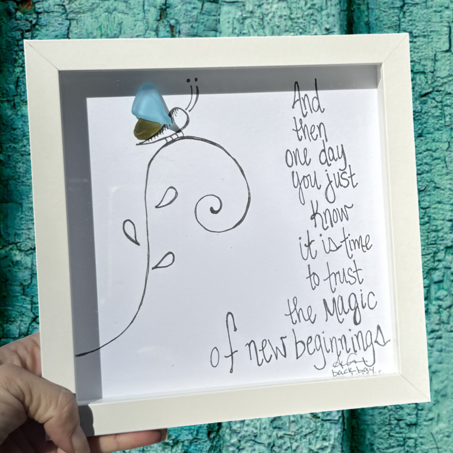 And then one day you just know it is time to trust the magic of new beginnings - sea glass butterfly perched on plant tendril 8x8 inch framed art