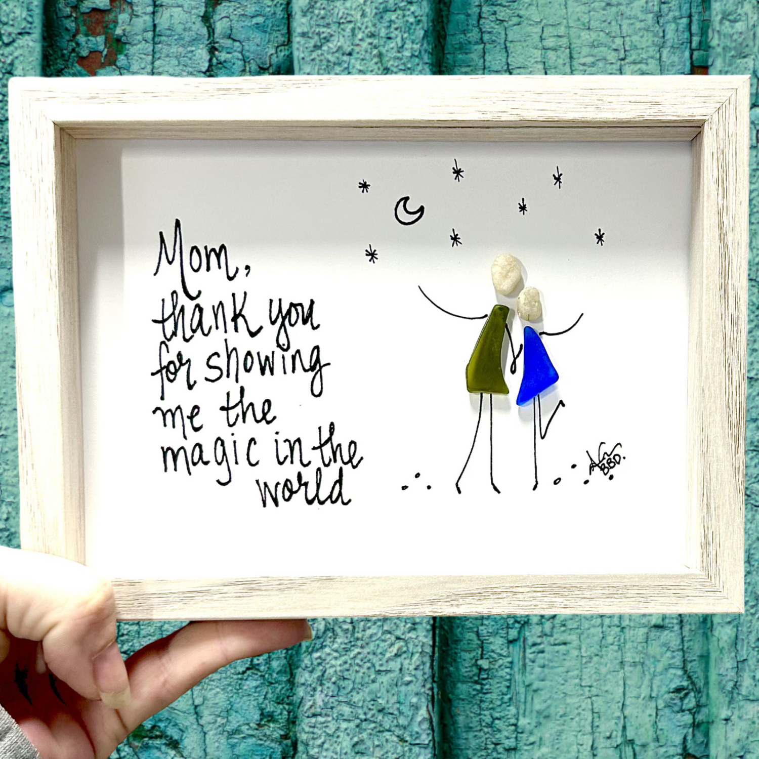 5x7 Slim Sea Glass Art, Frame in Whitewash