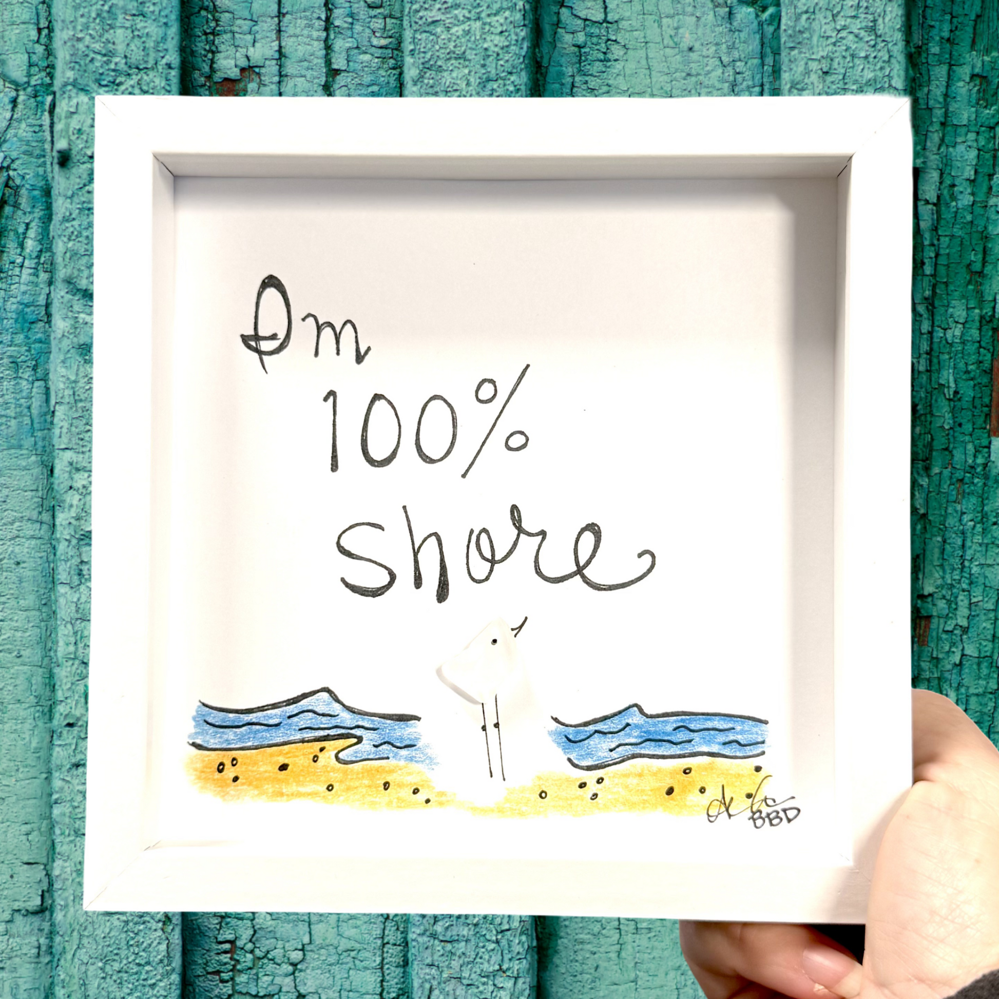 100 percent shore 6inMINI sea glass art on green