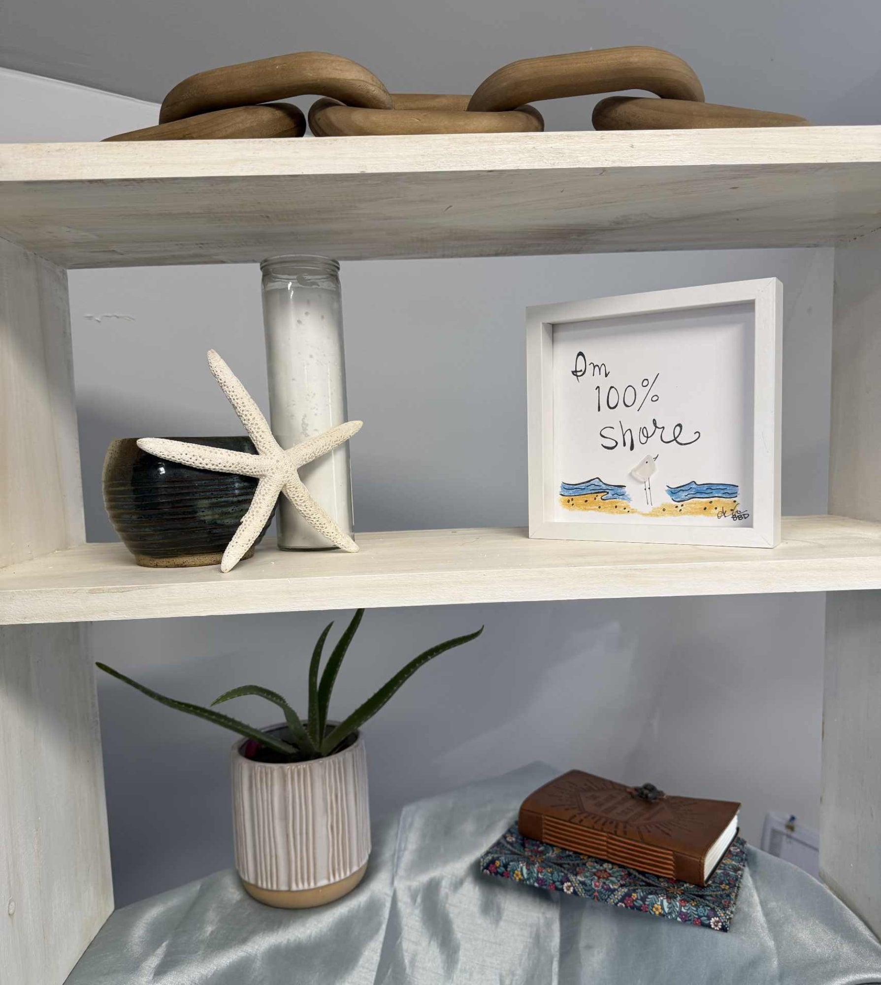 100 percent shore 6in MINI sea glass art on shelf with candle