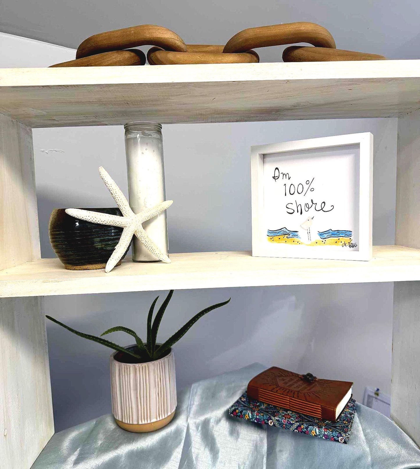 100 percent_shore_MINI 6in sea glass art on_shelf_bright