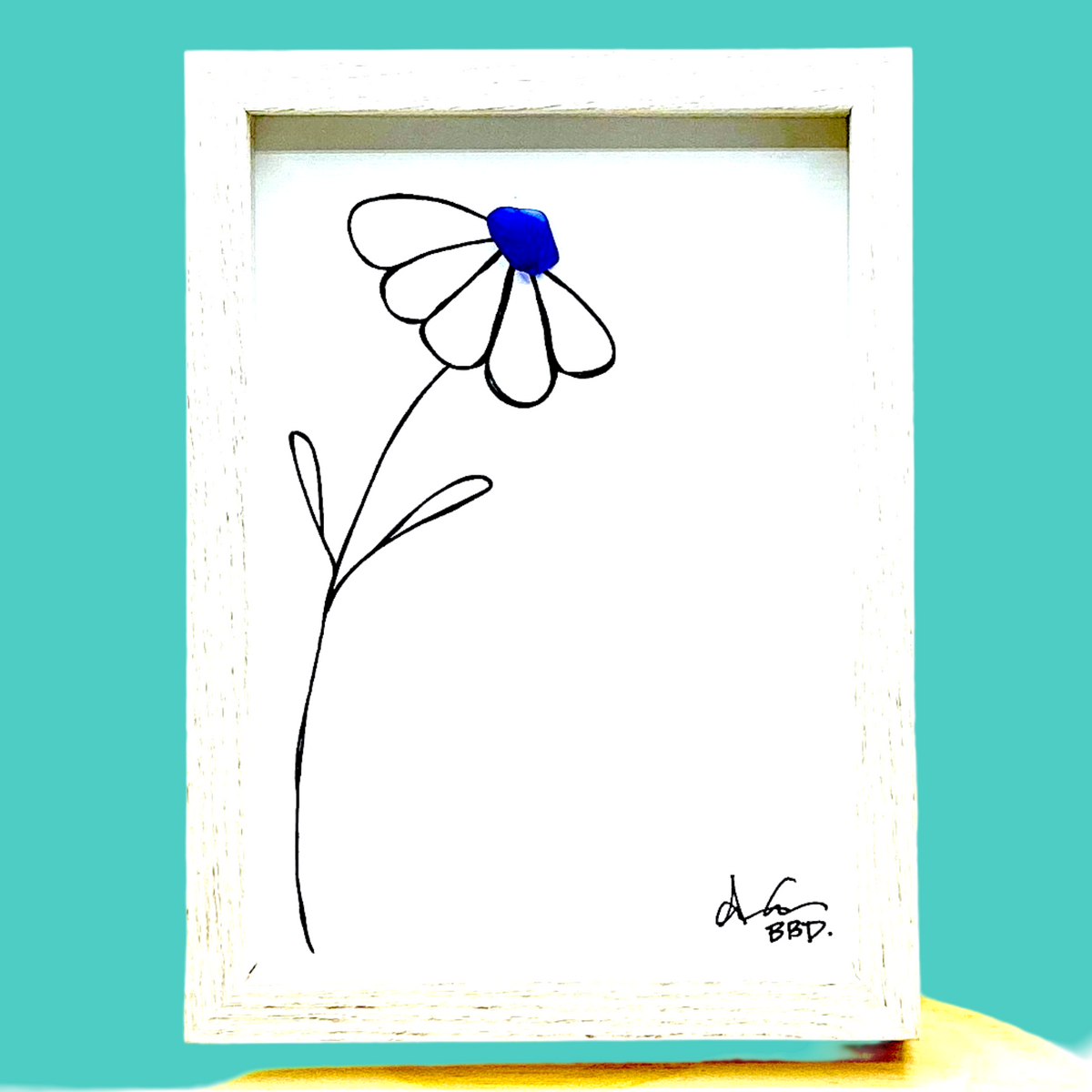 1 Flower with 5 petals  - SLIM Sea Glass Art,  5x7 Whitewash Frame