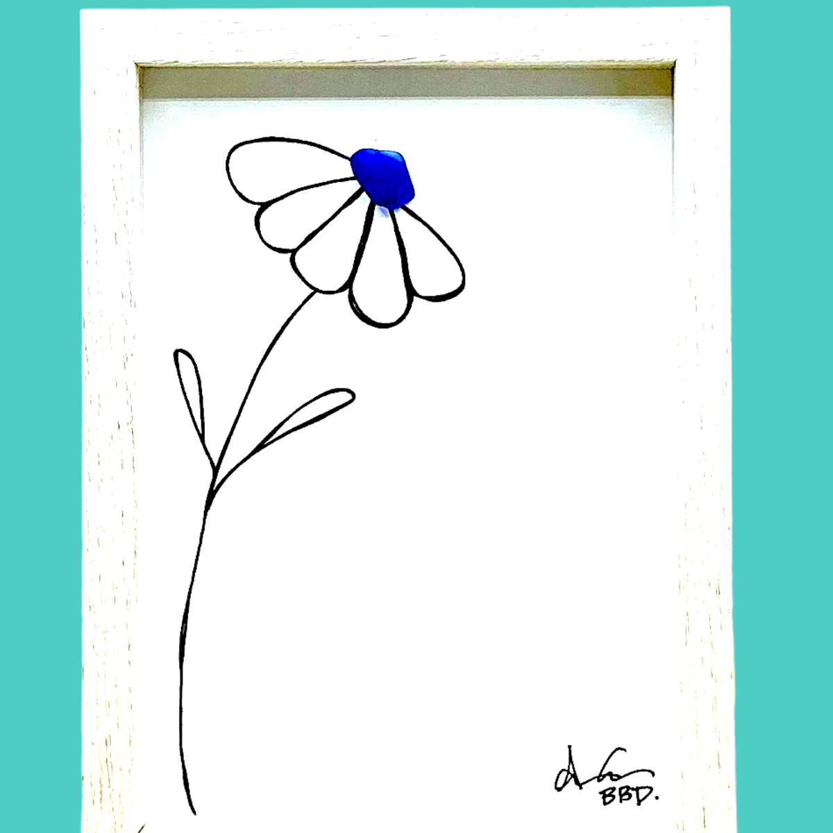 1 Flower with 5 petals  - SLIM Sea Glass Art,  5x7 Whitewash Frame