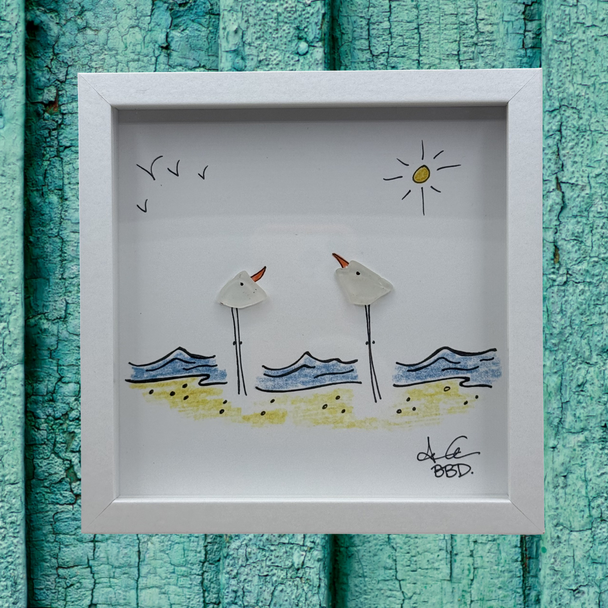2 Seabirds on Beach MINI - Sea Glass Art - 6x6 Framed