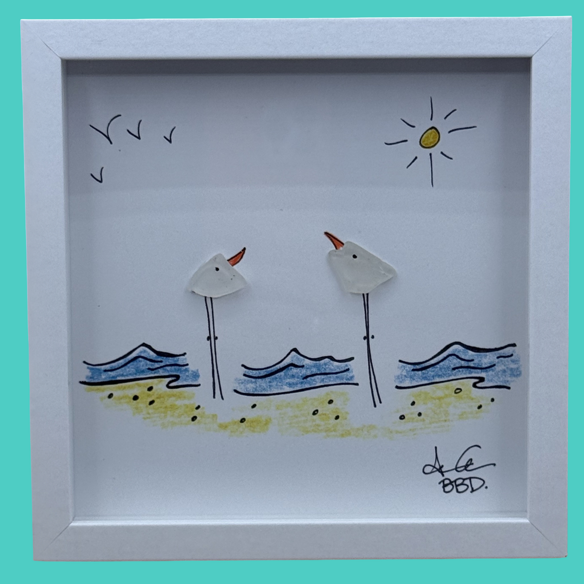 2 Seabirds on Beach MINI - Sea Glass Art - 6x6 Framed