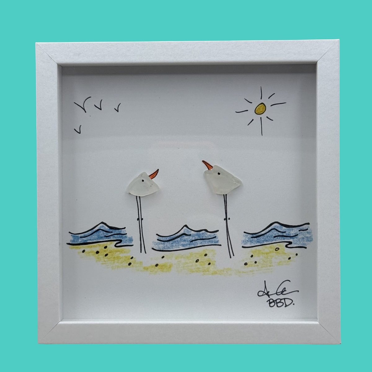 2 Seabirds on Beach MINI - Sea Glass Art - 6x6 Framed