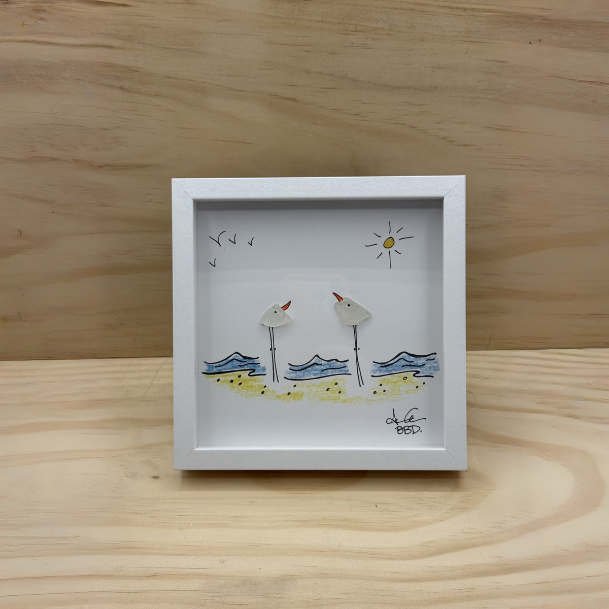2 Seabirds on Beach MINI - Sea Glass Art - 6x6 Framed