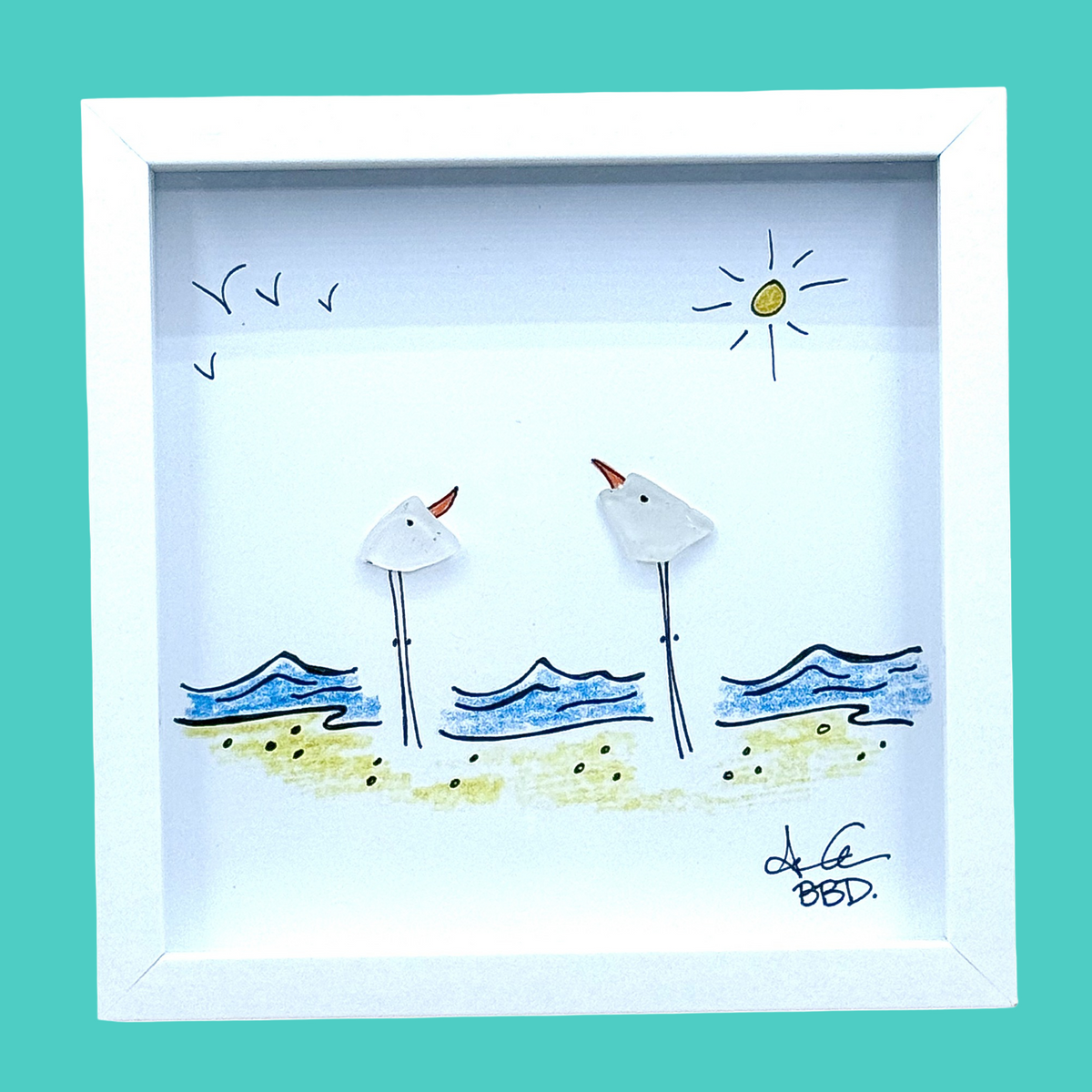 2 Seabirds on Beach MINI - Sea Glass Art - 6x6 Framed