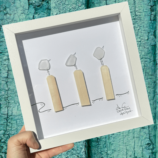 3 Seabirds on pilings 8x8 inch 