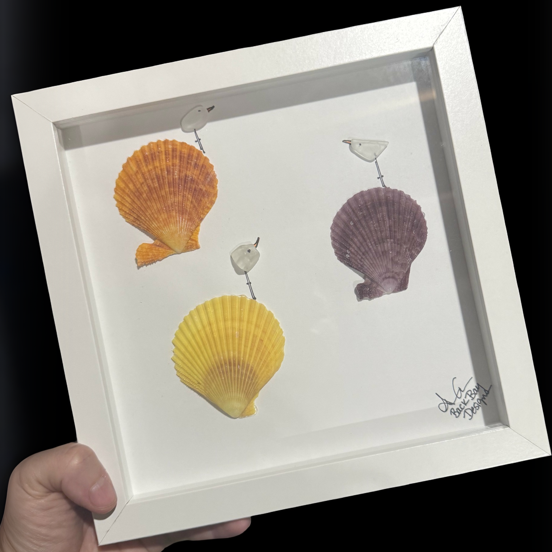 3_birds_on_3_shells_8in_ CLOSE Beyond Words, Image only, No Words, 3 hand drawn sea glass birds perched on 3 real sea shells (colors of shells will vary) 
