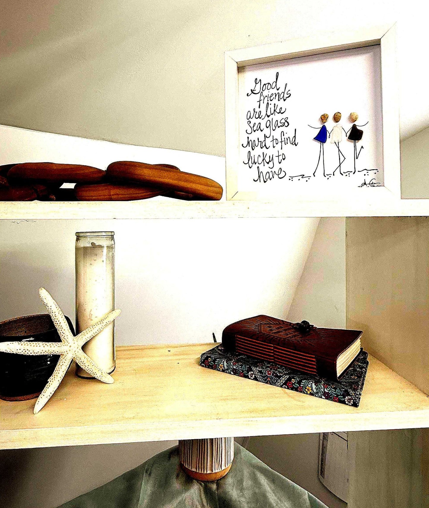 3 good friends are like sea glass art 8in on shelf with candle