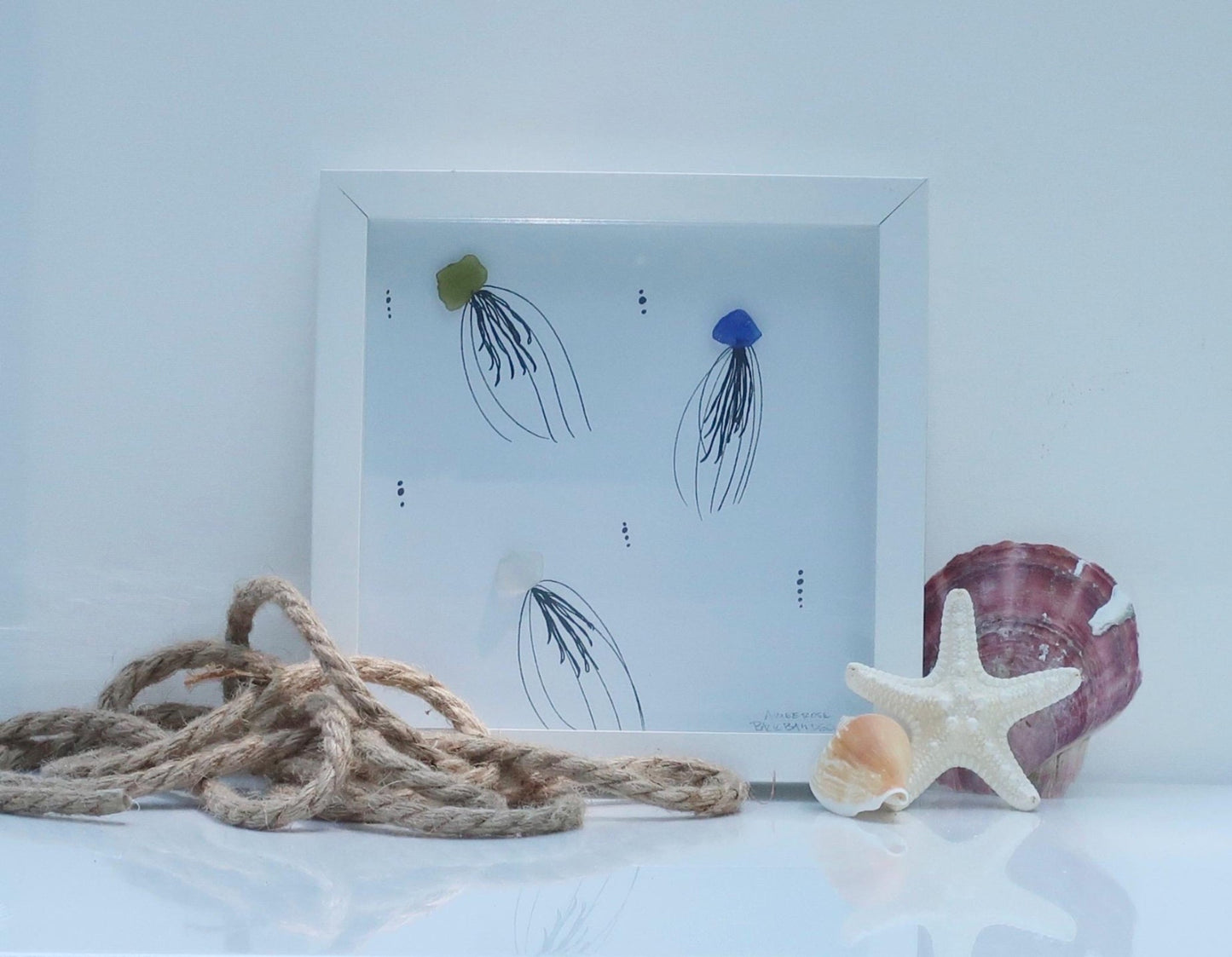 3 jellyfish 8 in sea glass art on white with rope