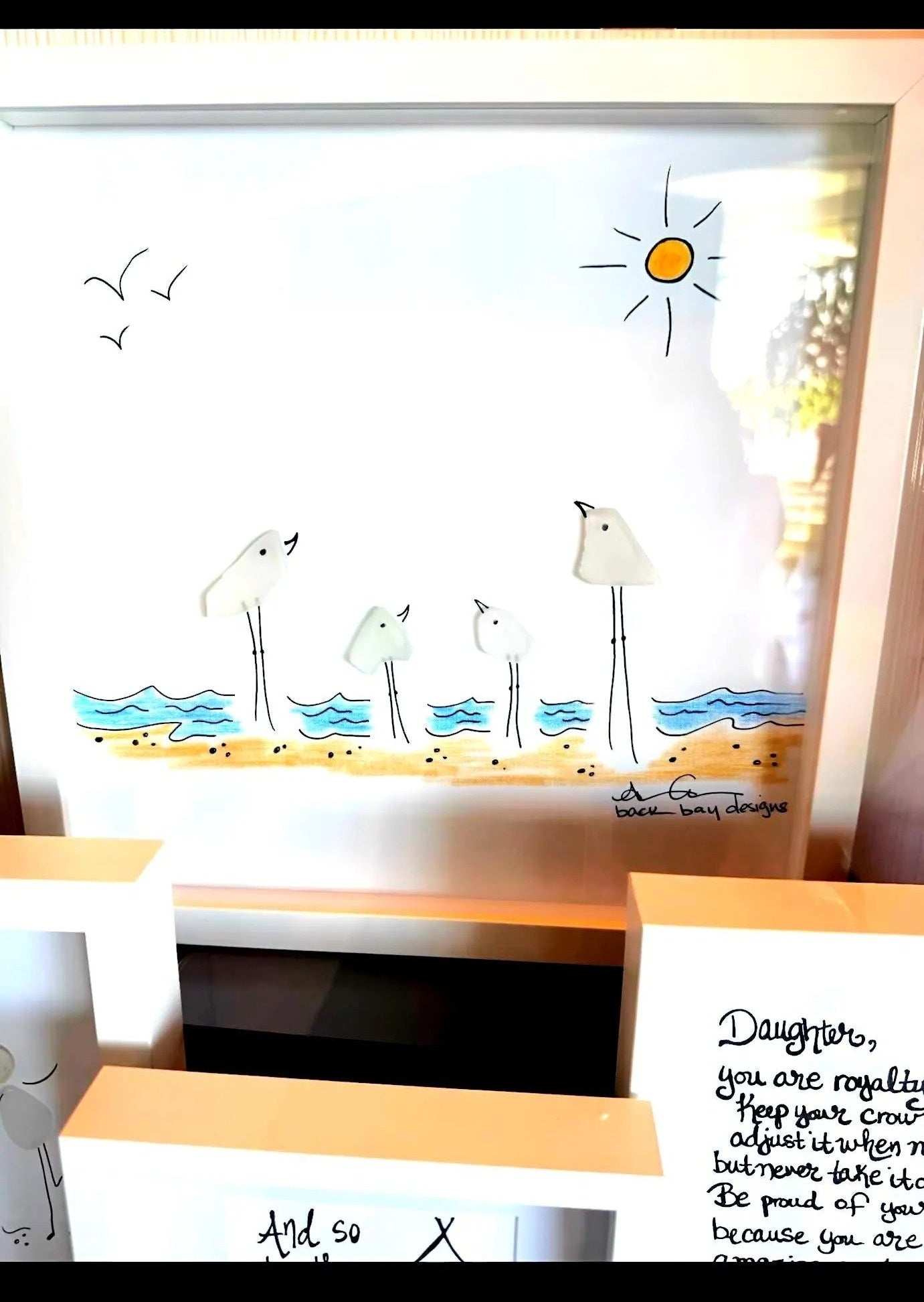 4 Seabirds on Beach MAXI - Sea Glass Art - 12x12 Framed