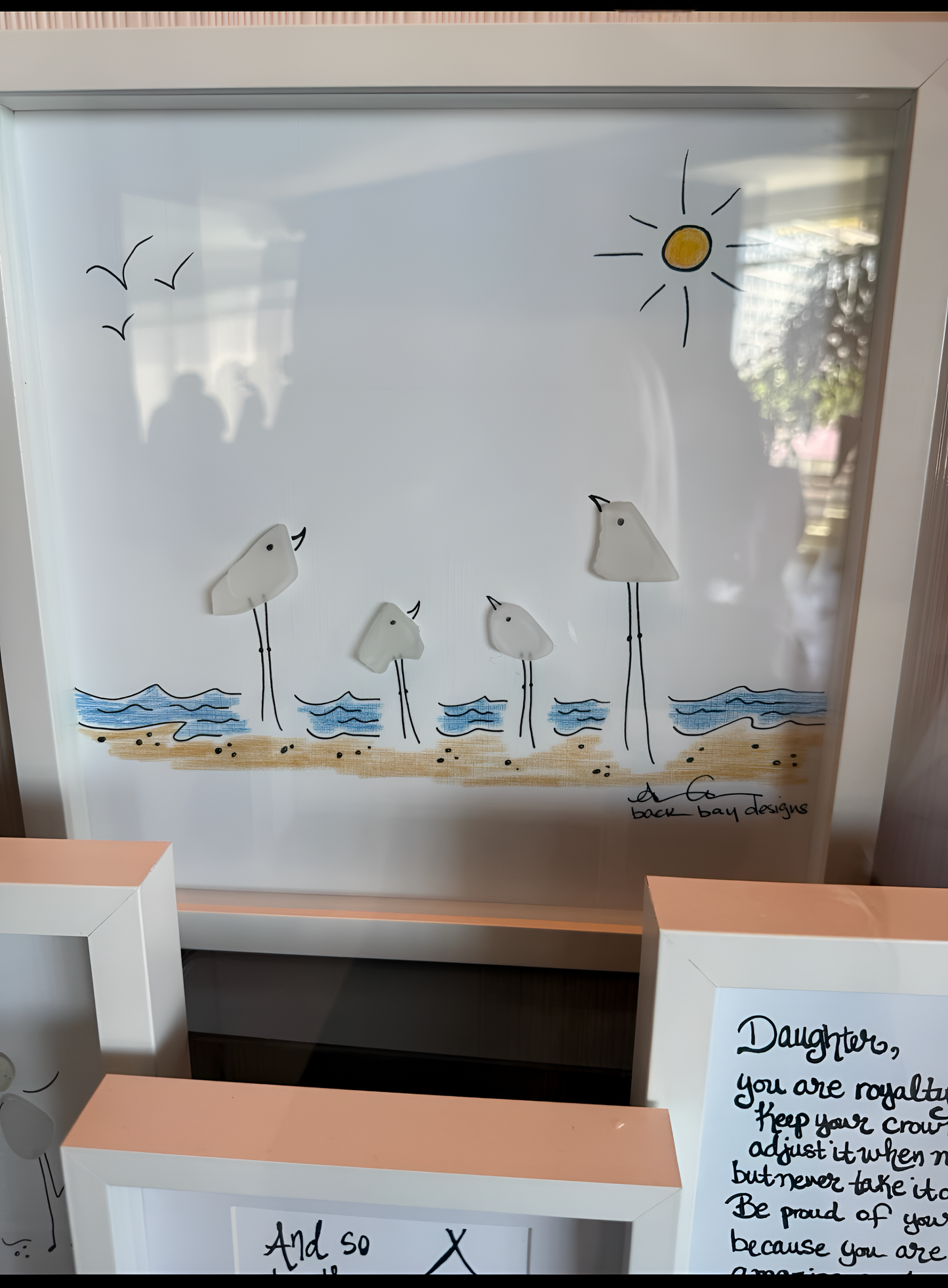 4 Seabirds on Beach MAXI - Sea Glass Art - 12x12 Framed