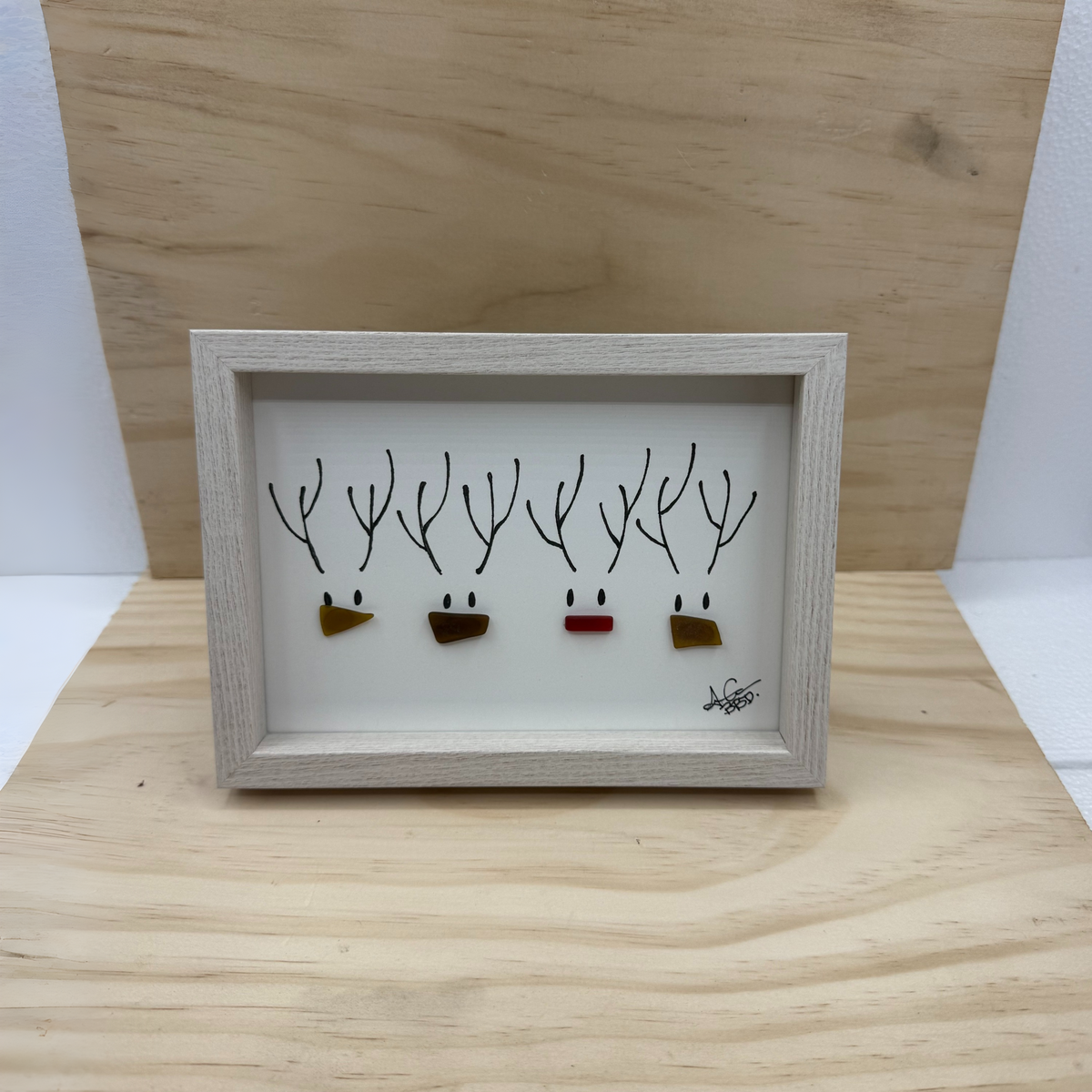 Rudolph & Reindeer Friends - SLIM Sea Glass Art,  5x7 Whitewash Frame