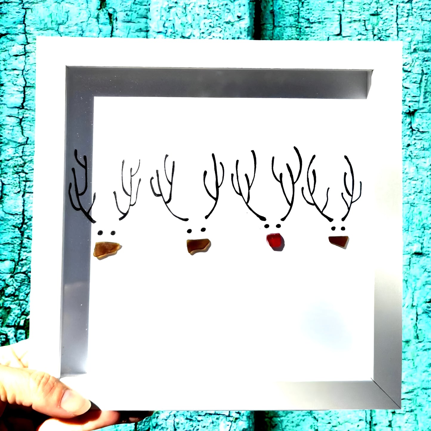 Rudolph & Reindeer Friends - Sea Glass Art, Secret Santa Gift, Christmas Present, 8x8 framed