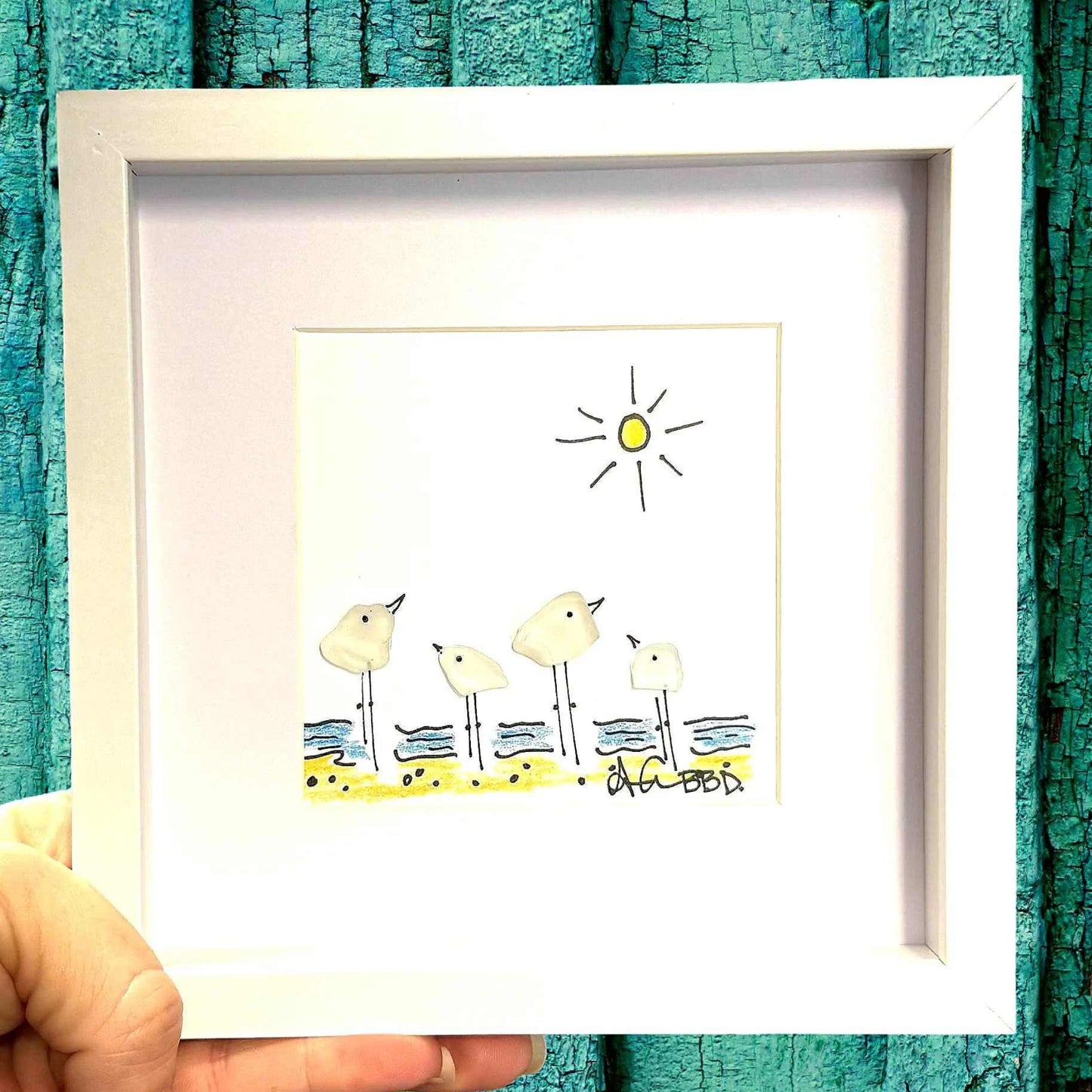 4 seabirds on beach MINI 6in sea glass art closeup