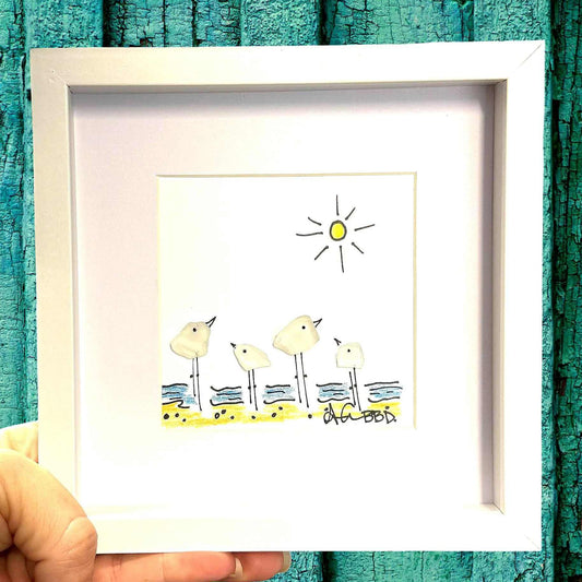 4 seabirds on beach MINI 6in sea glass art closeup