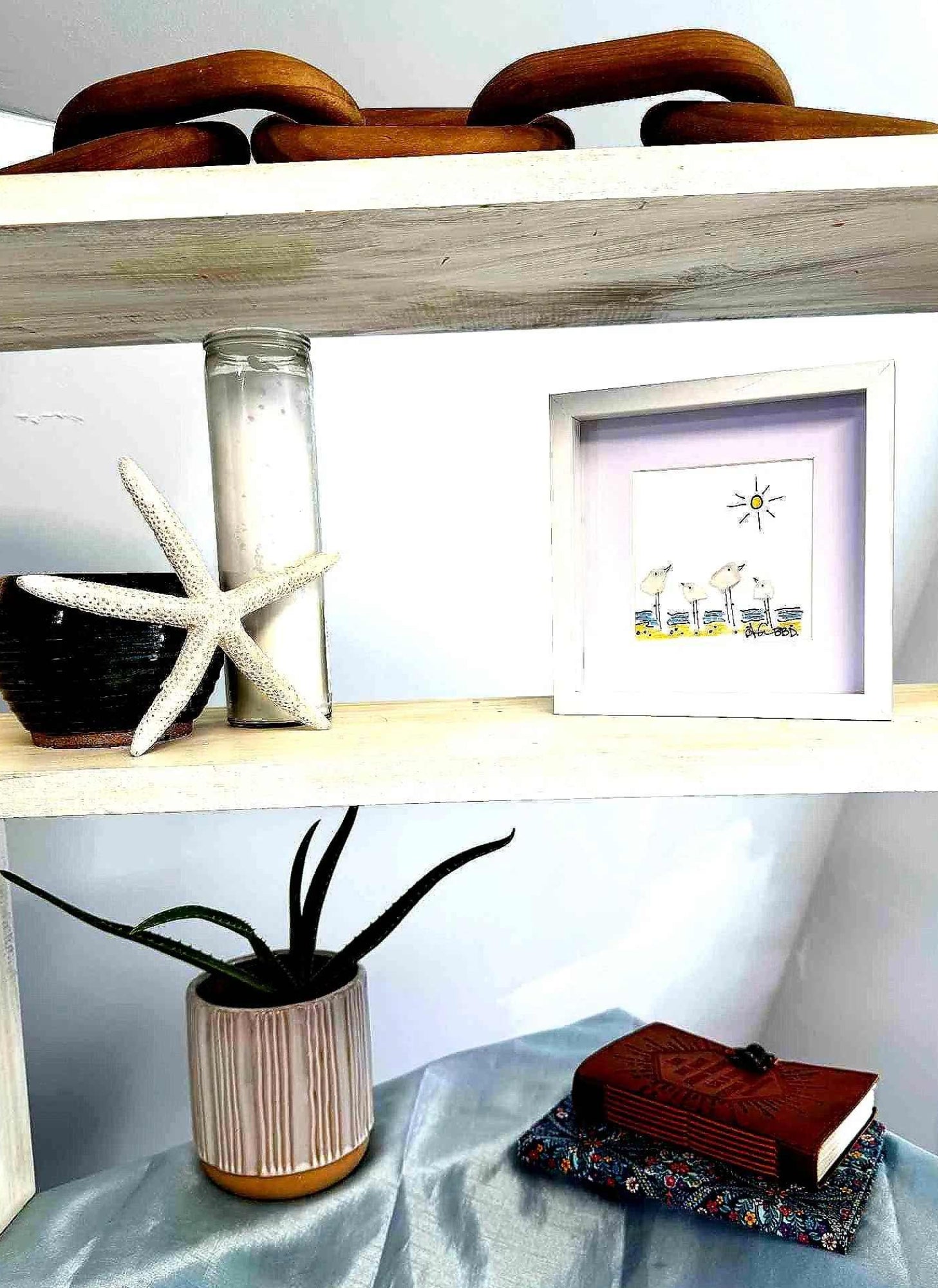 4 seabirds on beach MINI 6in sea glass art on 3tiered shelf