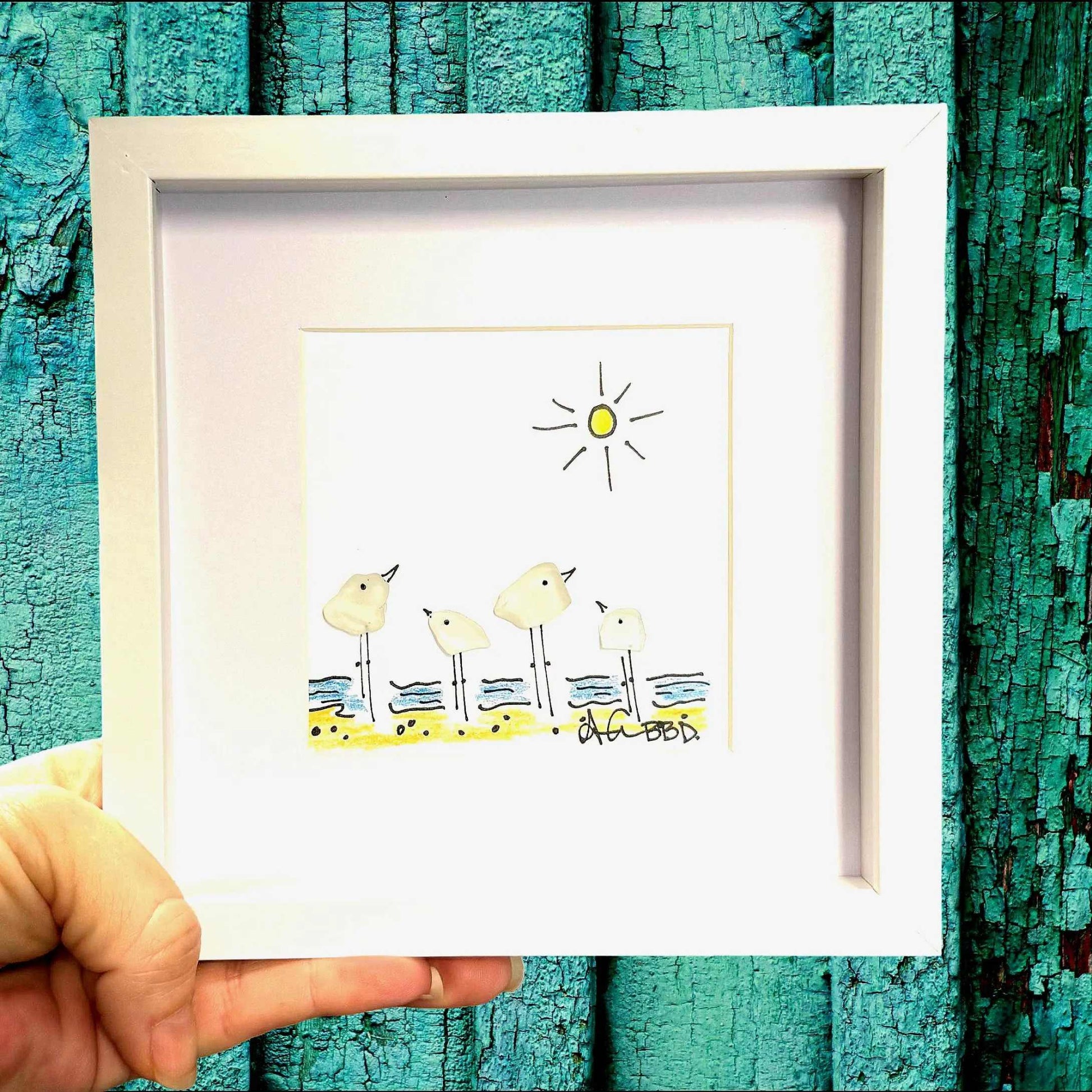 4 seabirds on beach MINI 6in sea glass art on green