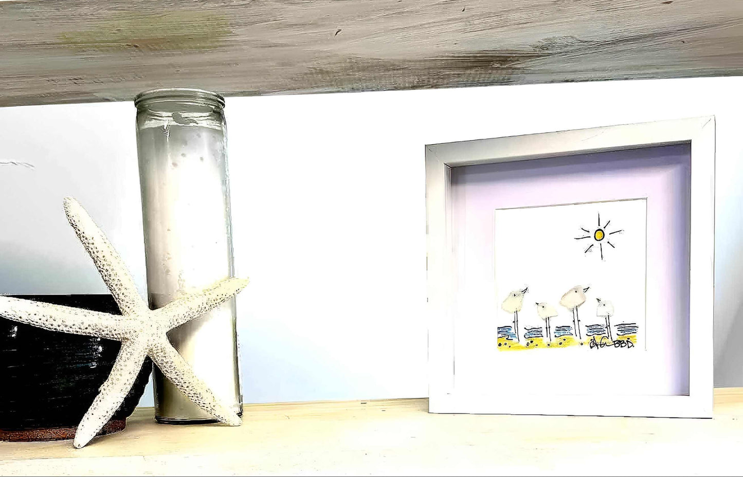 4 seabirds on beach MINI 6in sea glass art one shelf bright upscale