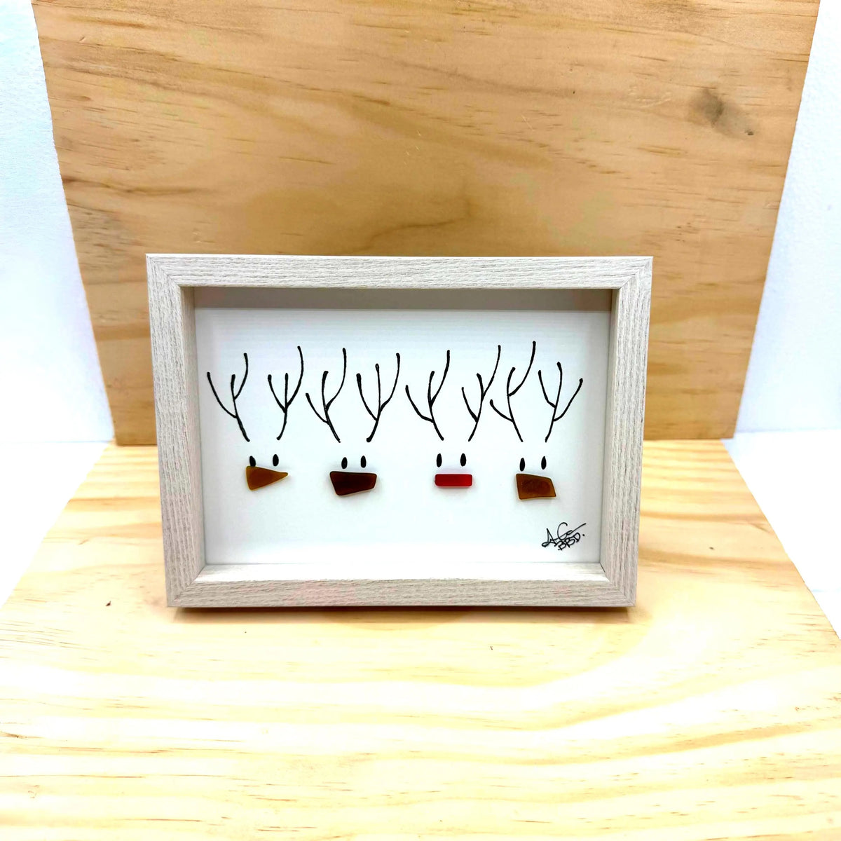 Rudolph & Reindeer Friends - SLIM Sea Glass Art,  5x7 Whitewash Frame