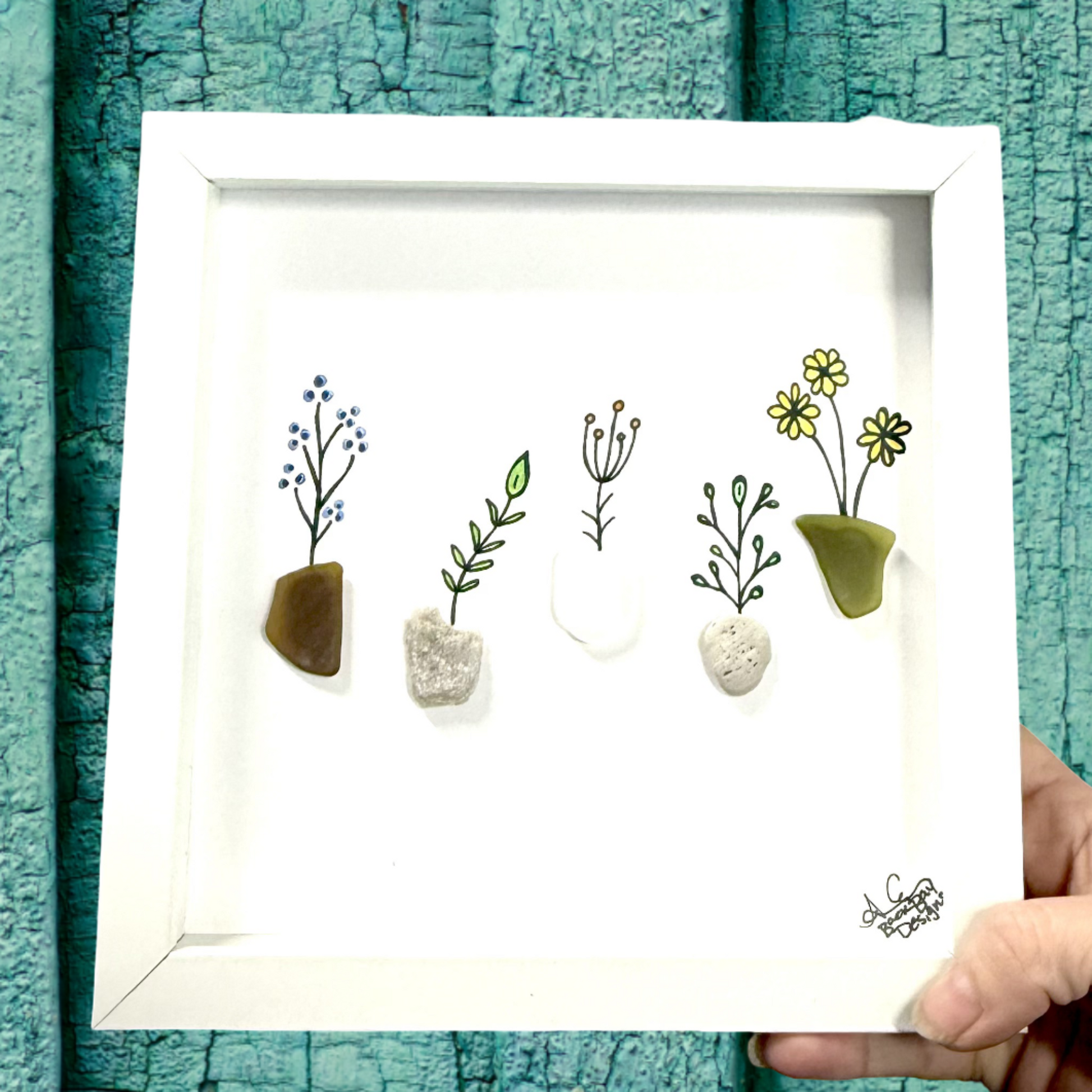 5 colorful potted plants 8in sea glass art 