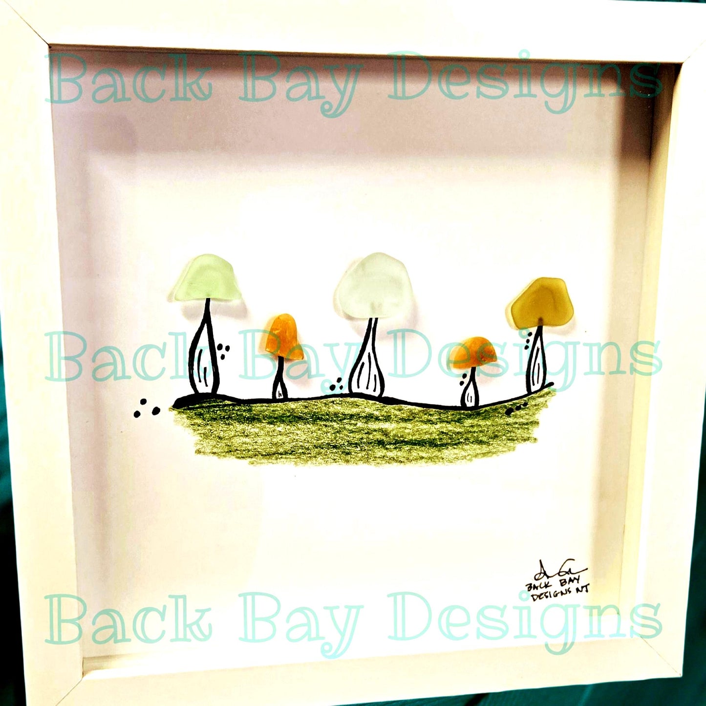 Mushrooms - Sea Glass Art, Garden Meditation Gift, Nature Decor,  8x8 framed