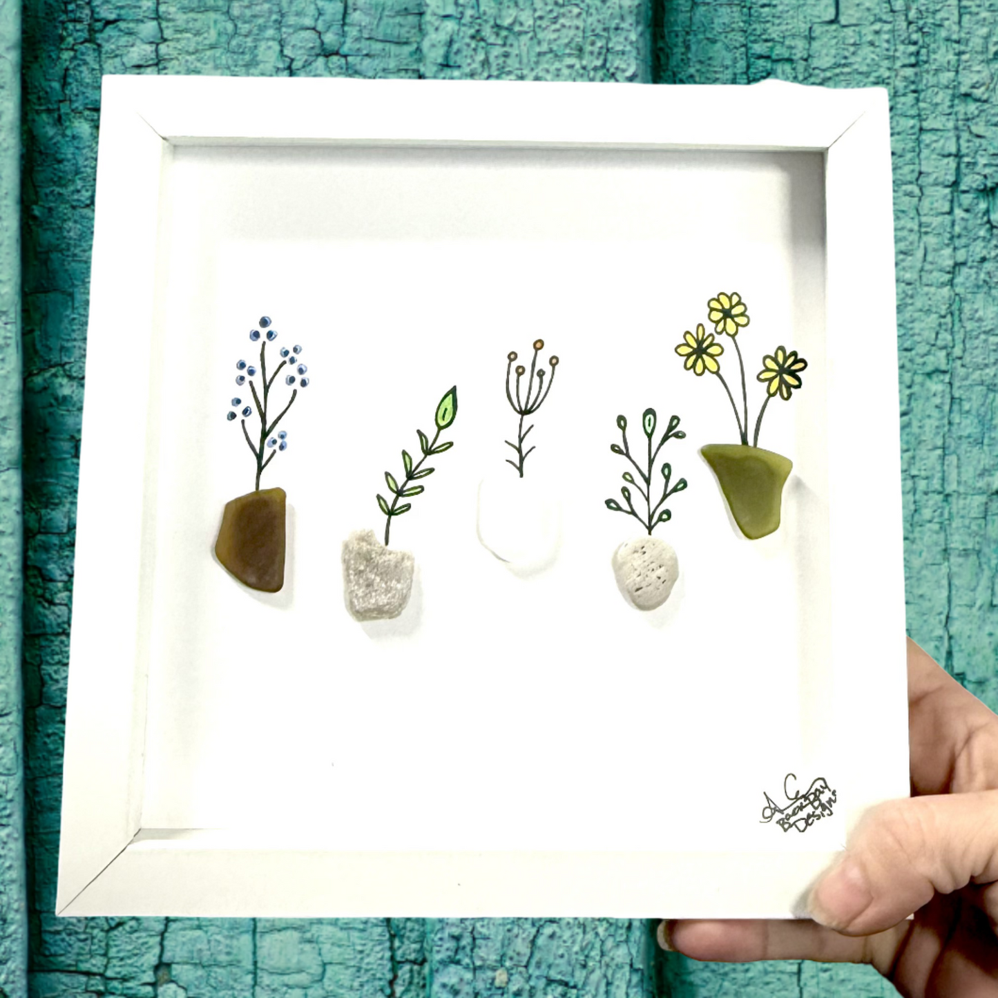 5 potted plants colorful 8in sea glass art 