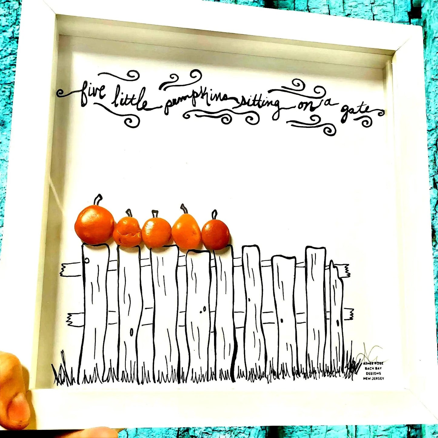 5 pumpkins on a gate 8in sea glass art 