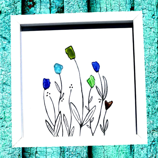 6 Wildflowers MINI - Sea Glass Art - 6x6 Framed