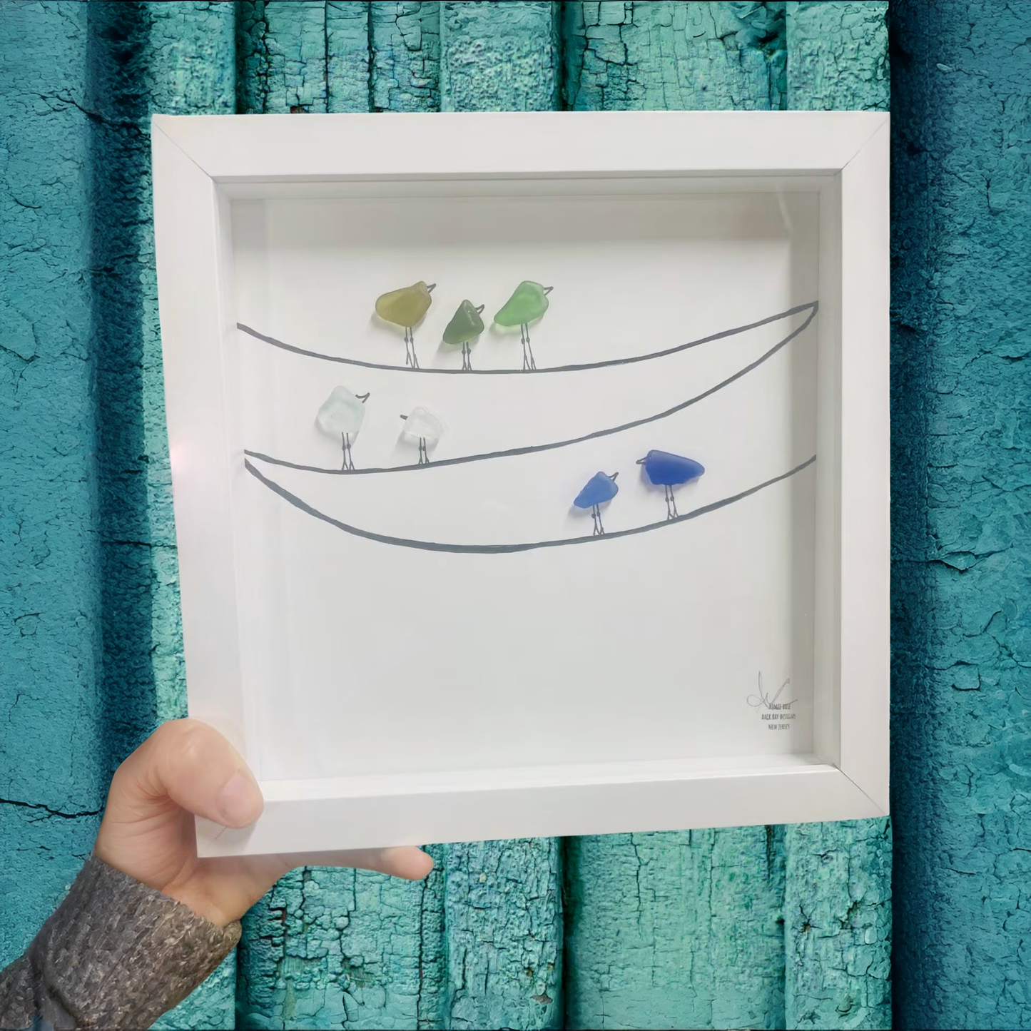 7 Birds On 3 Wires - Family Tree Sea Glass Art, Coastal Birding Decor, 8x8 Framed