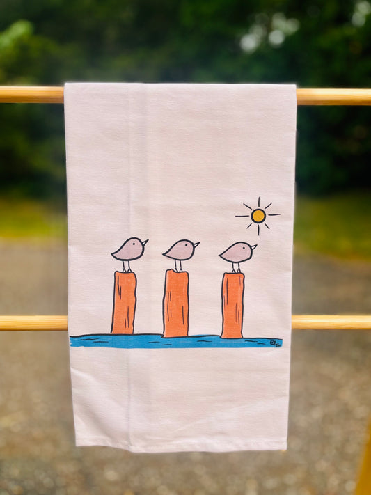 Birds on Pilings Tea Towel