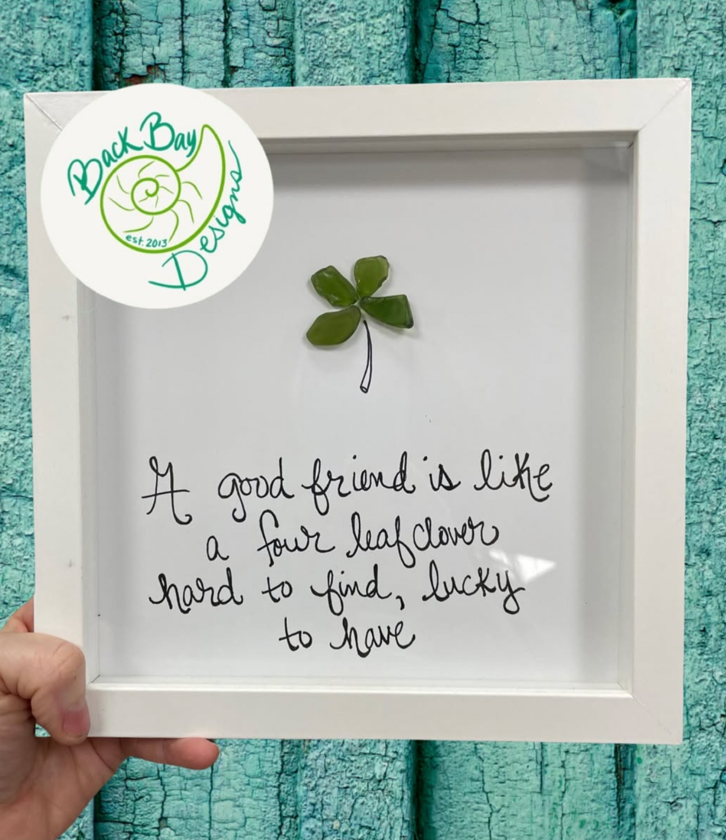 A Good Friend is like Clover 8x8 Sea Glass Art Shamock