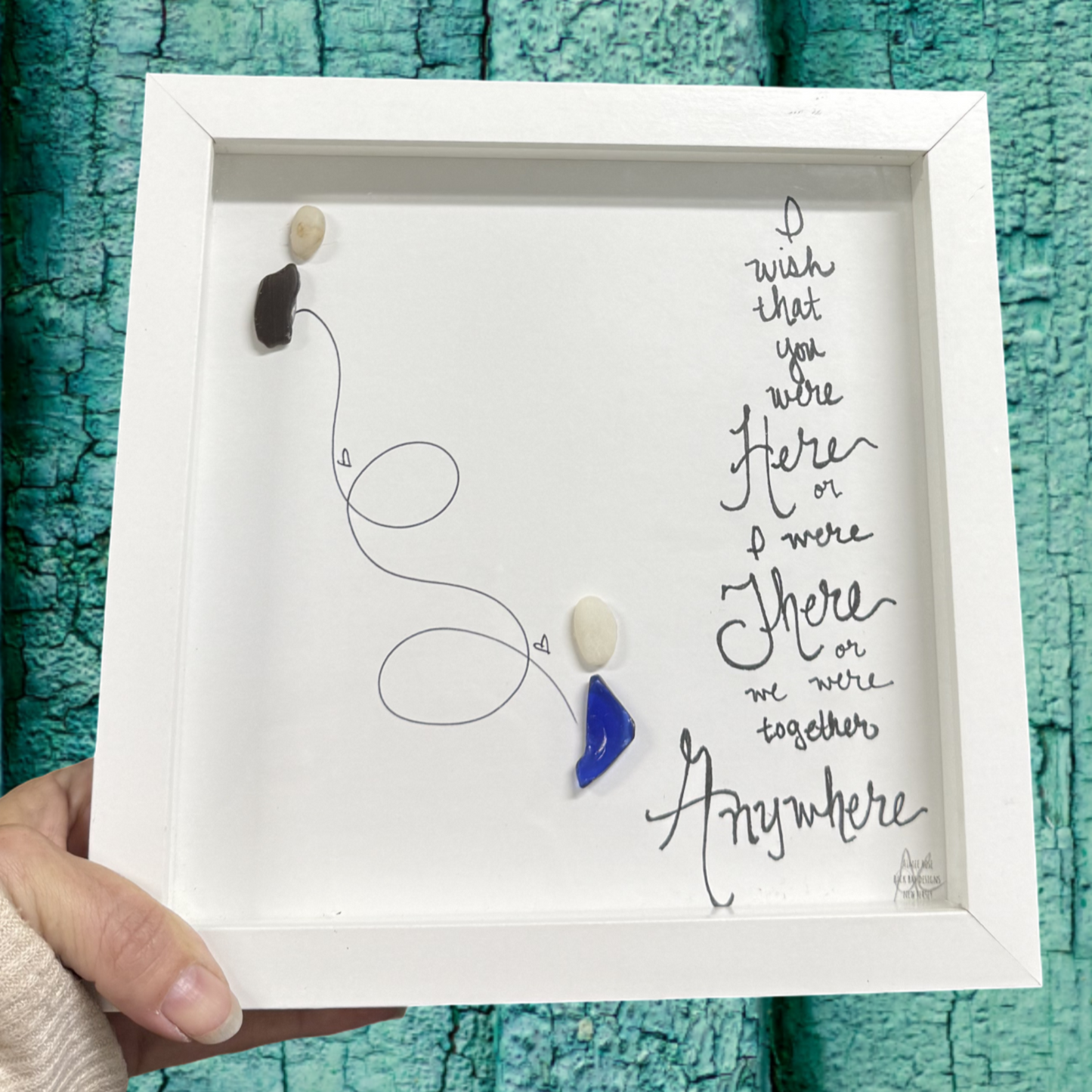 I wish that you were here or I were there or we were together anywhere - sea glass people with a curling line connecting them - 8x8 inch framed sea glass art 